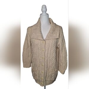 Aran Crafts Merino Wool Irish 3/4 Sleeve Womens Cardigan Button Pockets Cream Sm